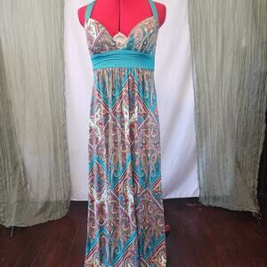 Sequin Hearts Green Long Maxi Dress Stretch V-Neck Wide Straps Size S